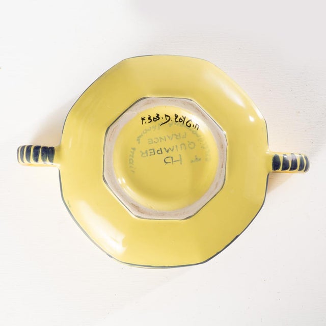 Henriot Quimper Mid 20th Century Hb Henriot Quimper Faience Soleil Yellow Cream Soup Bowls - Set of 4 For Sale - Image 4 of 9
