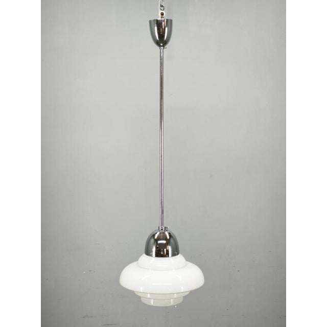 Vintage Art Deco Bauhaus Opaline Glass and Chrome Pendant Light, 1930s For Sale - Image 10 of 11