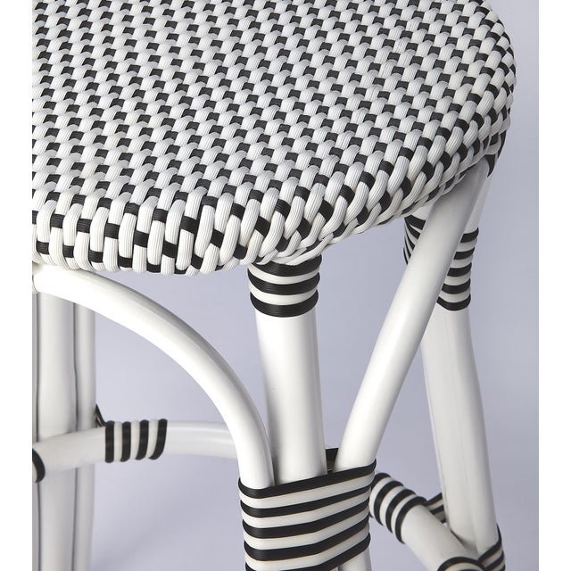 Tobias 24 in. Seat Height Round Rattan Backless Counter Stool, White/Black Dot / White Rattan Frame For Sale In Chicago - Image 6 of 8