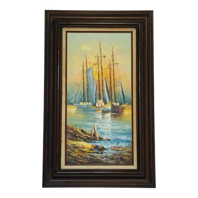 Mid 20th Century B. Wilder Sailing Ship Nautical Seascape Harbor Oil Painting For Sale