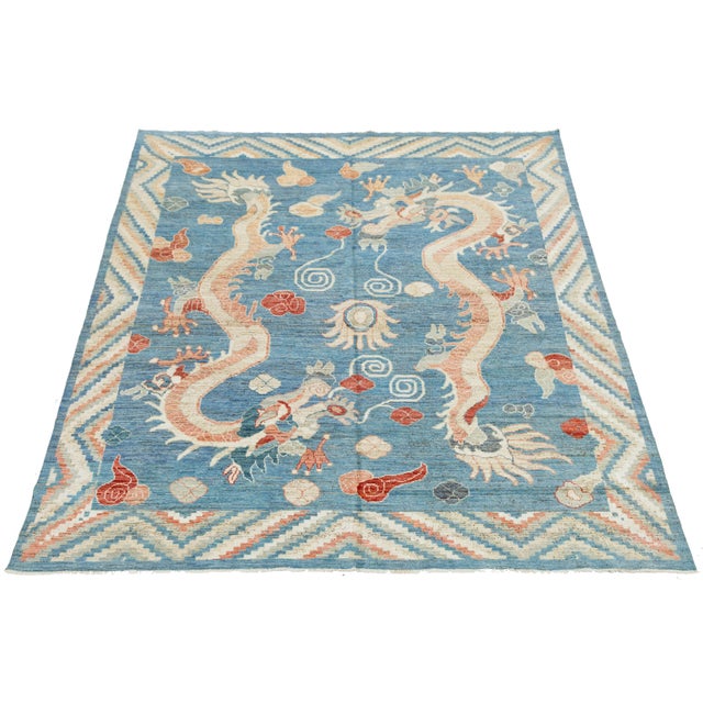 Contemporary Contemporary Oriental Mythological Dragon Rug - Sky Blue & Terracotta Wool 8x10 For Sale - Image 3 of 11
