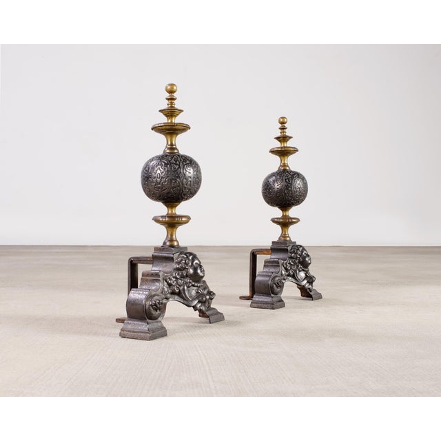 Pair of Dutch Baroque Style Iron Brass Andirons For Sale - Image 11 of 18
