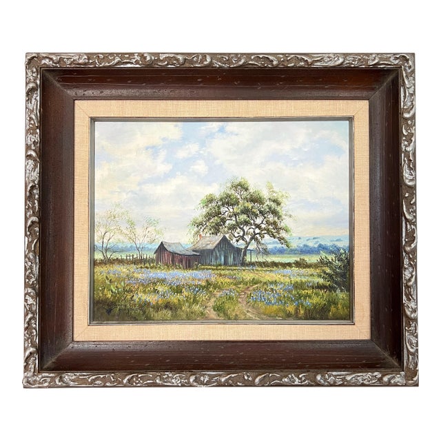 Mid 20th Century Original Bluebonnet Landscape Painting by Renne Hughes For Sale