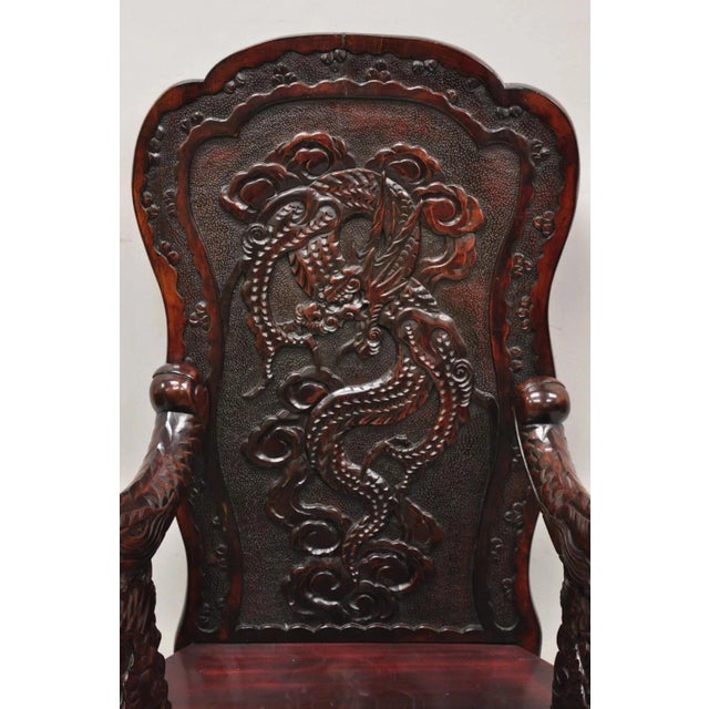 Chinoiserie Antique Japanese Export Carved Hardwood Foo Dog Figural Throne Desk Arm Chair For Sale - Image 3 of 12