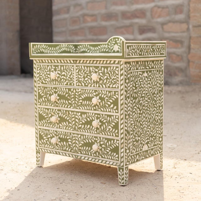 Arabesque Olive Green Inlay Dresser & Changing Table by House of Jaipur For Sale - Image 6 of 6