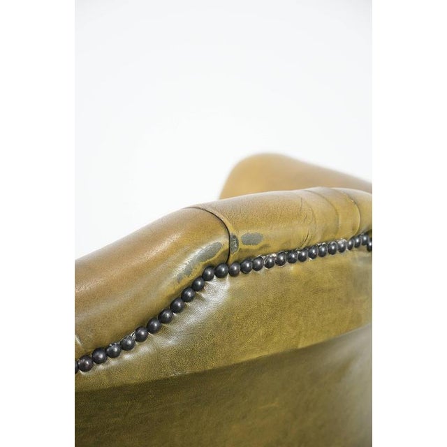 English Style Moss Green Cowhide Chesterfield Wingback Armchair For Sale - Image 14 of 16