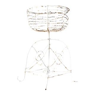 Vintage Distressed White Wire Plant Stand For Sale