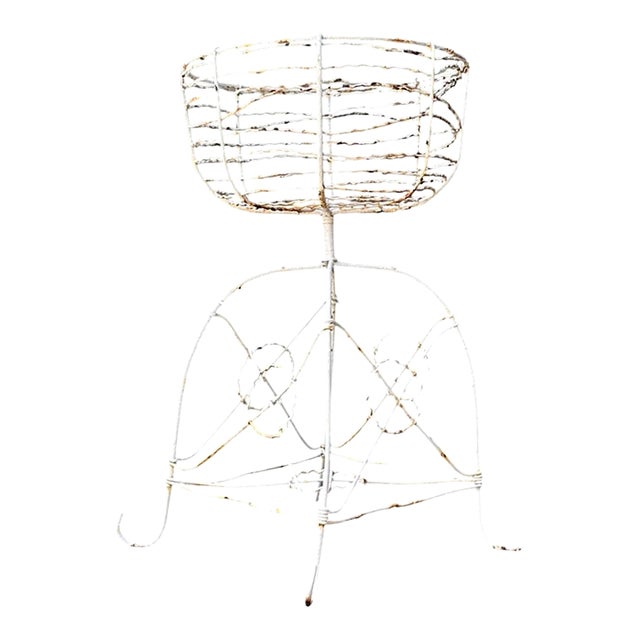 Vintage Distressed White Wire Plant Stand For Sale