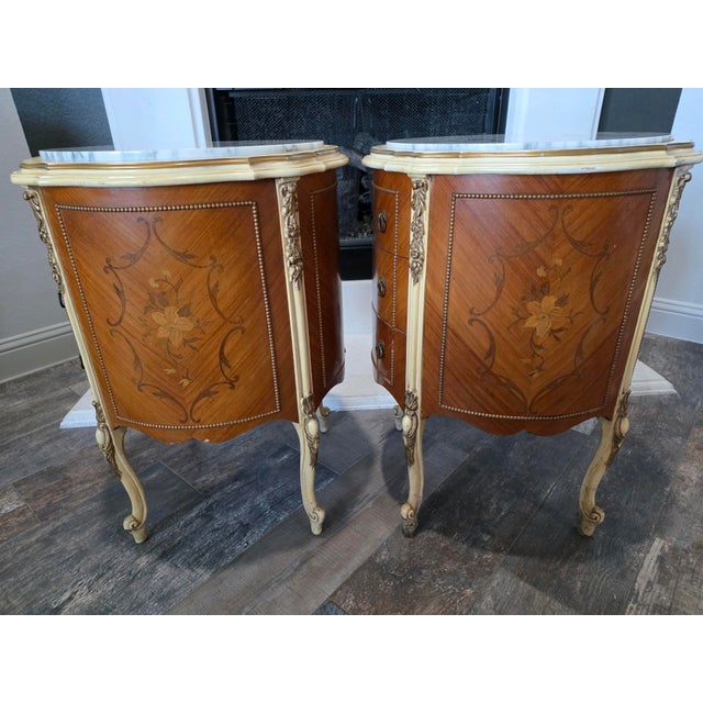 Brown Antique Pair of Louis XV Marble-Top French Commodes / Nightstands For Sale - Image 8 of 13