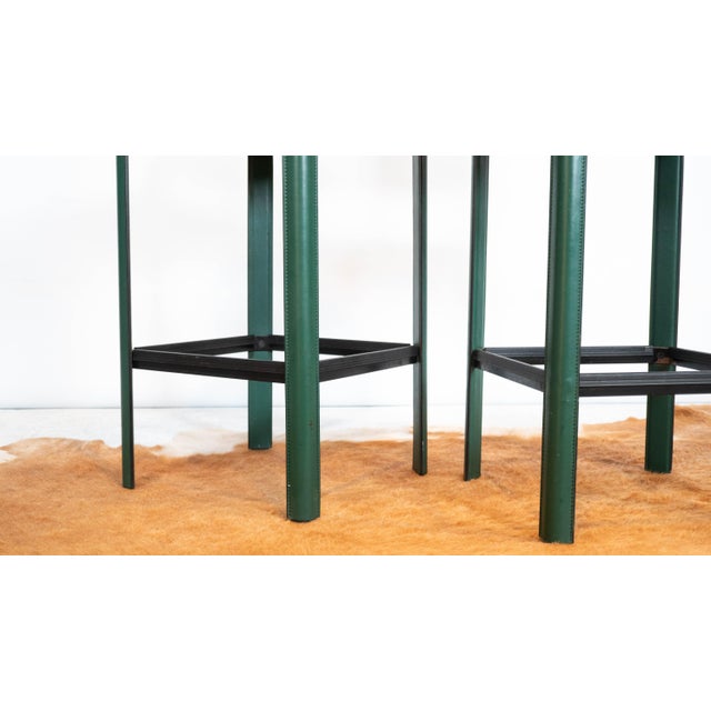 1980s Mid-Century Matteo Grassi Green Saddle Leather Sistina Counter Stools - A Pair For Sale - Image 15 of 16