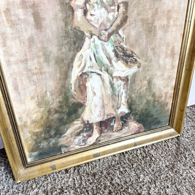 Figurative Vintage Painted Framed Oil on Canvas Lady in Dress For Sale - Image 3 of 5