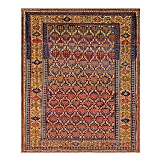 1900s Blue Navy Diamond Antique Caucasian Shirvan Rug 4' X 4'8" Handknotted Wool Carpet For Sale