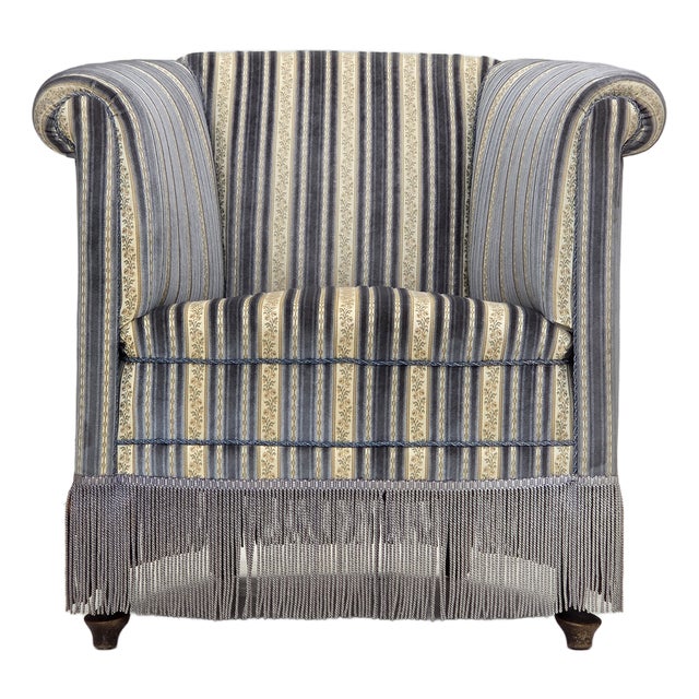 Danish Lounge Chair in Blue/Beige Furniture Velour & Beech Wood Legs, 1960s For Sale