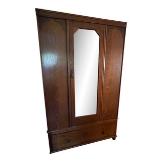1920s Antique English Tiger Oak Mirrored Wardrobe For Sale