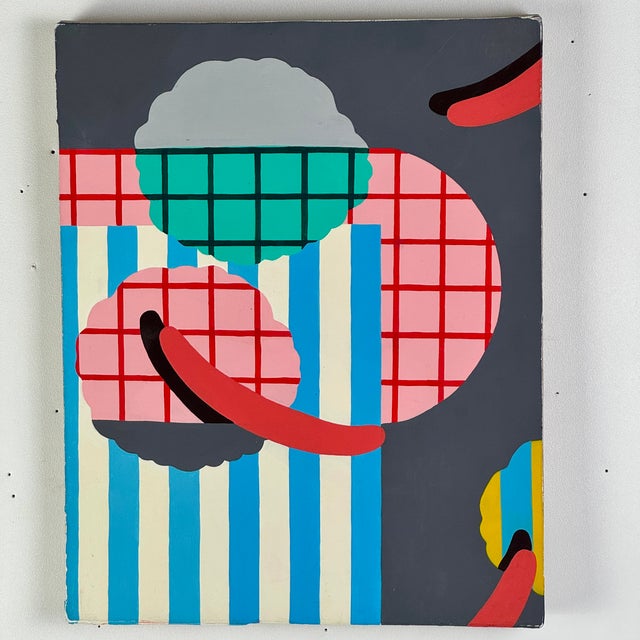 A playful vintage original art work on stretched linen. We are pretty certain it's an acrylic medium. The abstract piece...