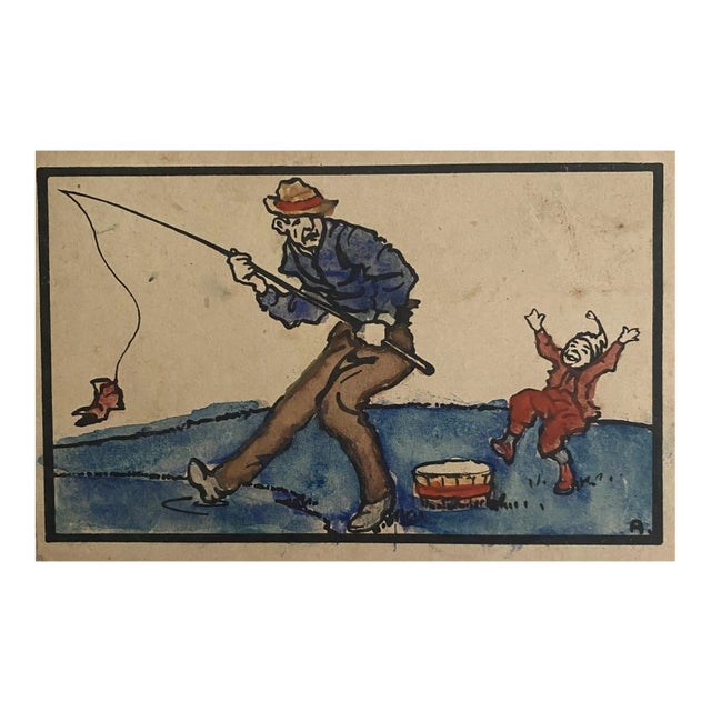 Unknown - the Fisherman - Original Watercolor Drawing - 1920s For Sale