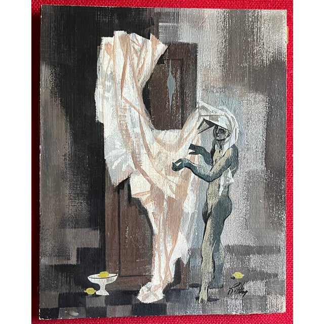 Robert Ritter (American B. 1949) Mid-Century Surrealist Small Oil Painting of a Draped Figure in Interior For Sale - Image 4 of 7