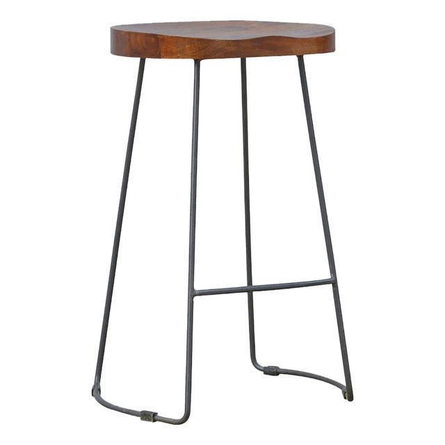 Wooden Bar Stool With Metal Frame and Oak Seat For Sale