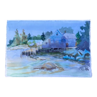 1980’s Original Fishing Village Coastal Sailing Watercolor Painting Double Sided For Sale
