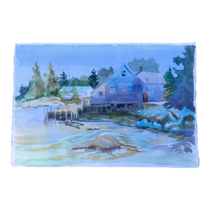 1980’s Original Fishing Village Coastal Sailing Watercolor Painting Double Sided