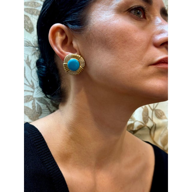 16 Ct Oval Sleeping Beauty Turquoise 3 ct Diamond Stud Earrings 14 K Yellow Gold For Sale - Image 10 of 18