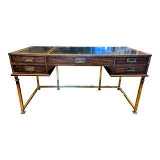 Sligh-Lowry 1970s Brass and Mahogany Campaign Style Writing Desk For Sale