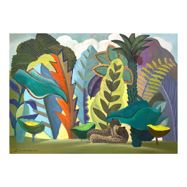 Marc Zimmerman "Jungle Sonata in B Sharp" Oil Painting, Lush Tropical Jungle, Hidden Leopard, Vivid Botanical Forms, Contemporary Art West Coast For Sale