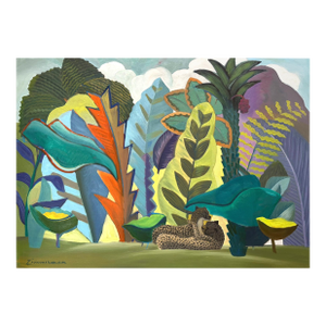 Marc Zimmerman "Jungle Sonata in B Sharp" Oil Painting, Lush Tropical Jungle, Hidden Leopard, Vivid Botanical Forms, Contemporary Art West Coast
