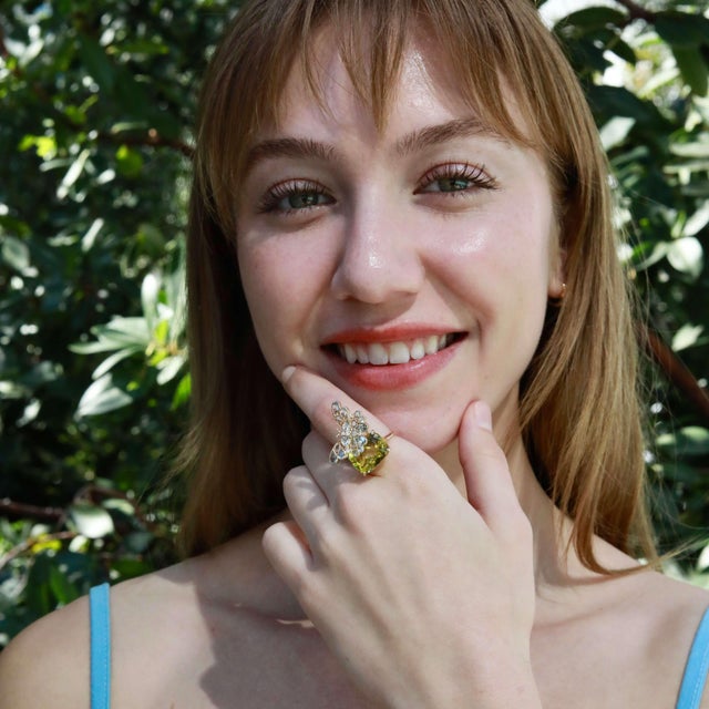 Metal Nina Zhou 13.5ctw Aquamarine & Diamond Butterfly on Lemon Quartz Convertible Brooch-Ring (All Sizes Available) For Sale - Image 7 of 7