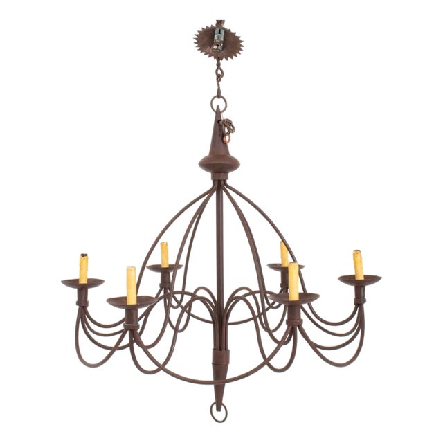 American Wrought Iron Six-Light Chandelier For Sale