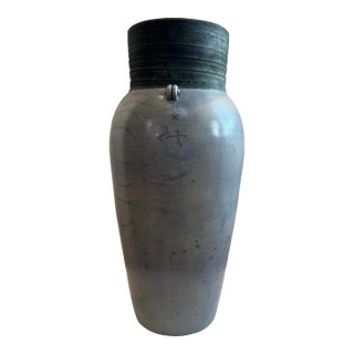 Late 19th Century Handcrafted Raku Ceramic Vase With Crackled Glaze, Ribbed Rim, and Drainage Hole For Sale