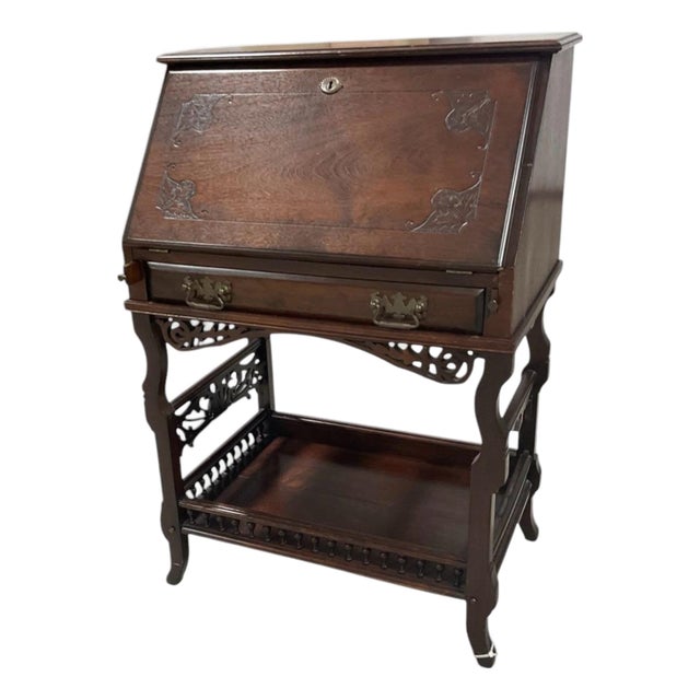 Vintage Mahogany Drop-Front Secretary Desk With Carved Gallery & Lower Shelf For Sale