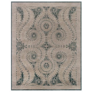 Art Nouveau Modern Spiral Arabesque Taupe With Forest Green Rug "Nautilus" For Sale