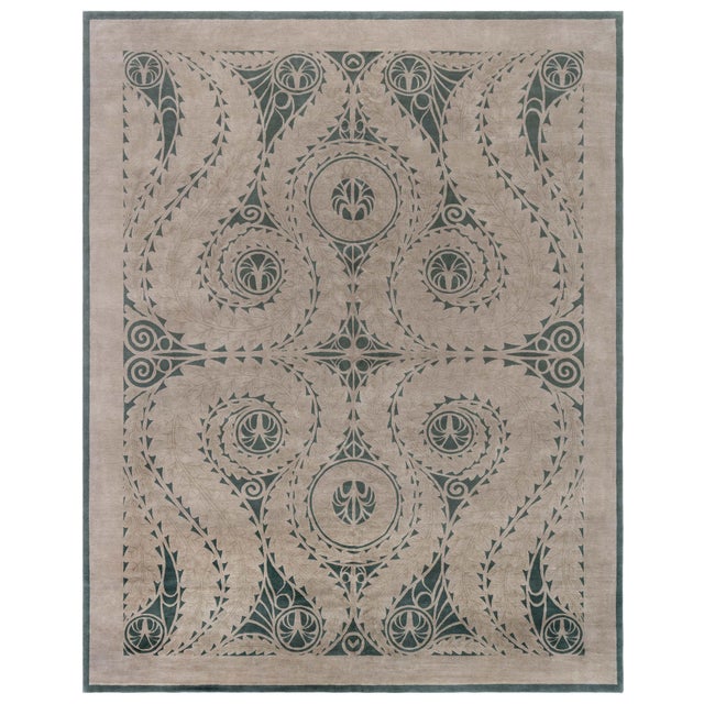 Art Nouveau Modern Spiral Arabesque Taupe With Forest Green Rug "Nautilus" For Sale