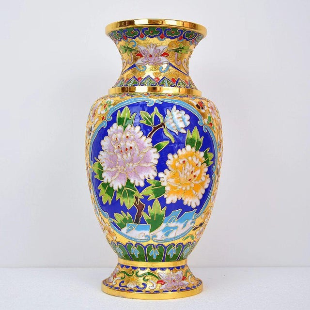 Pair of Chinese Cloisonné Peony Vases | Gilt Ground Floral Motif With Wood Stands For Sale - Image 4 of 6