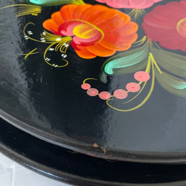 3 Vintage Hand Painted Oil/Wood Wall Hanging Floral Plates Made in the Ussr. For Sale In San Francisco - Image 6 of 6