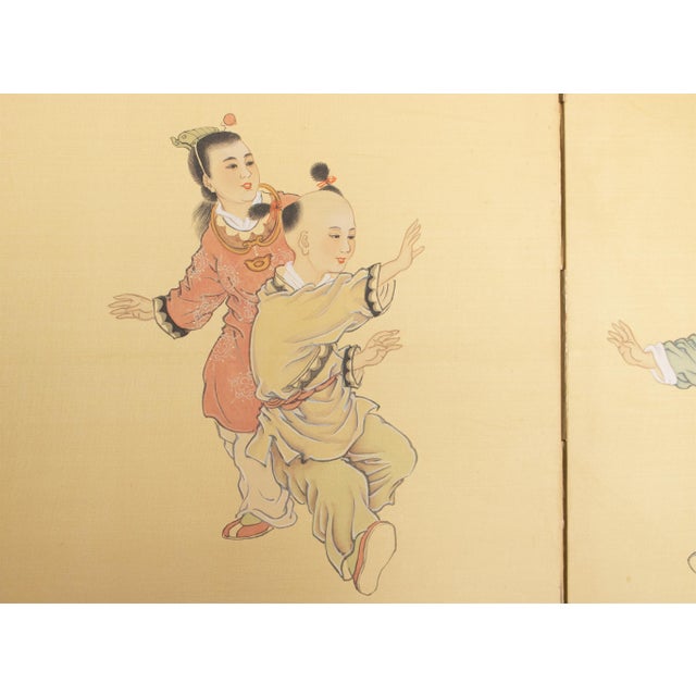 Wood "Hide-and-Seek" by Lu Feng, Vintage Chinese Painted Silk Screen For Sale - Image 7 of 18