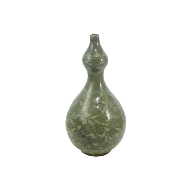 Large 12 inch double bulb gourd shape vintage ceramic crackled glaze over terracotta vase with leaf, vine and flying crane...