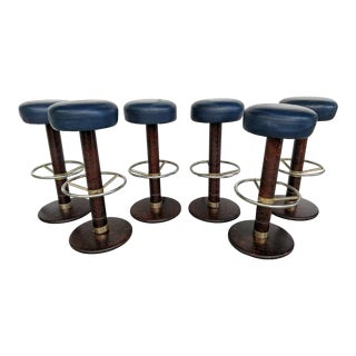 Dark Blue Leather Topped Bar Stools, Set of 6, Vintage For Sale