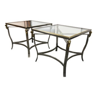 Vintage Hollywood Regency Glass Top Lion Head Accent Tables, Pair For Sale