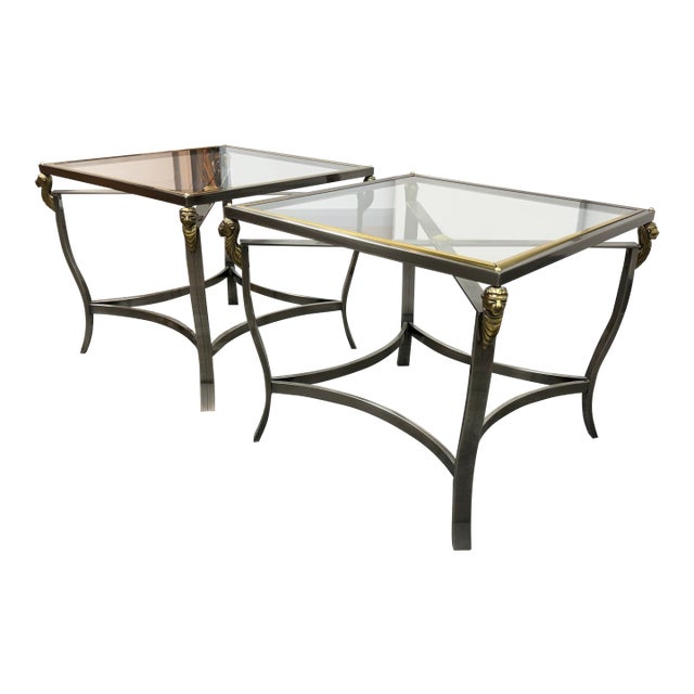 Vintage Hollywood Regency Glass Top Lion Head Accent Tables, Pair For Sale