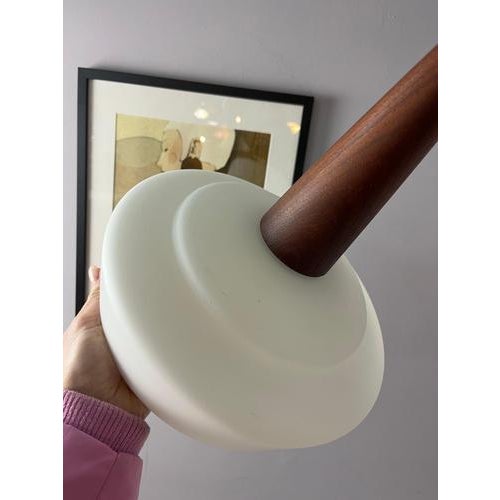 Brown Hanging Lamp in Opal Glass and Teak For Sale - Image 8 of 11