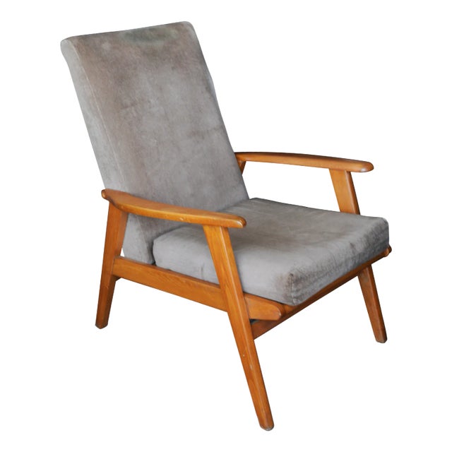 Mid-Century Danish Modern Beech Open Frame Easy Armchair with Taupe Velvet Upholstery, 1960s For Sale