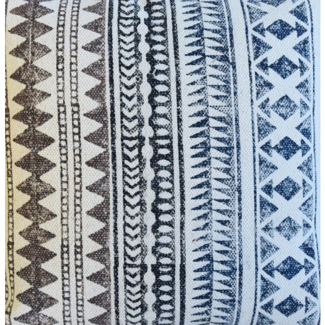 French Hand-Printed Blue, White & Brown Cotton Feather/Down Pillow 19” Square For Sale - Image 4 of 8