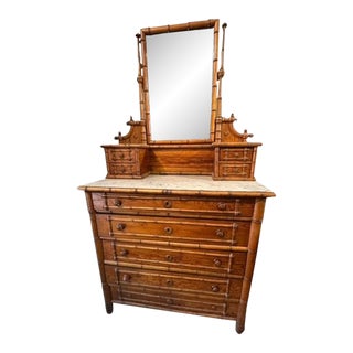 Late 19th Century French Pine Faux Bamboo Chest of Drawers With Marble Top and Mirror For Sale