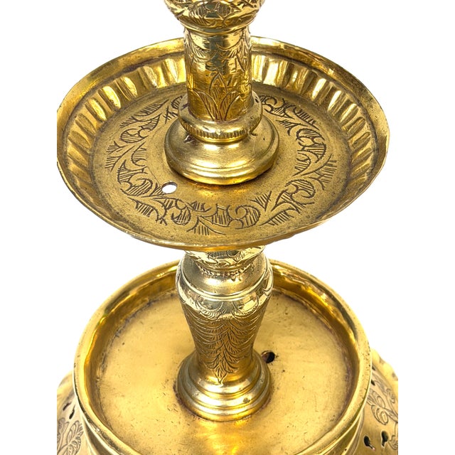 Large Dutch Baroque Engraved & Pierced Brass Chamber Candlestick Ventilated Base For Sale - Image 13 of 18