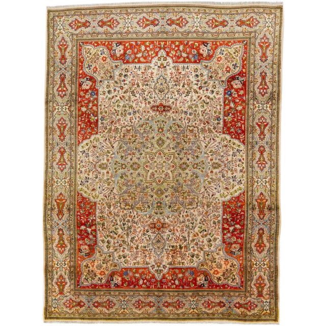 Textile 1960s Vintage Persian Tabriz Beige Handmade All-Over Medallion Wool Rug For Sale - Image 7 of 7