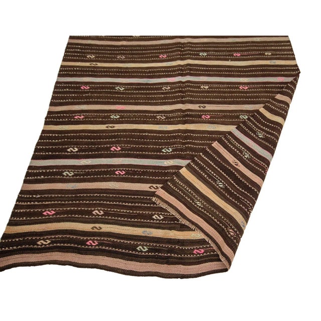 Mid 20th Century Striped Vintage Brown Kilim Rug For Sale - Image 5 of 7