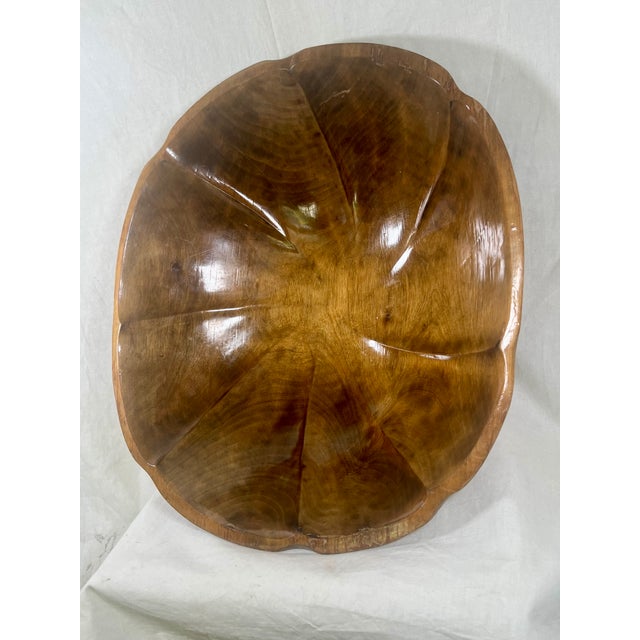 Mid-Century Modern Large 16" Mid 20th Century Hand-Carved Figured Wood Scalloped Centerpiece Bowl For Sale - Image 3 of 9