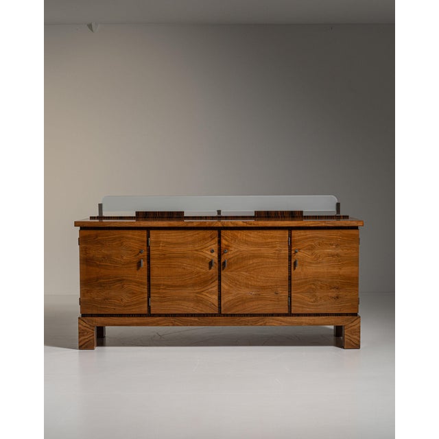 1930-1939 Germany Rich Walnut Brown Glass-Top Walnut Sideboard For Sale - Image 9 of 11